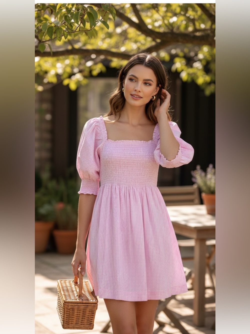Hill House Home Pink Gingham Smocked Square Neck Mini Dress Size M